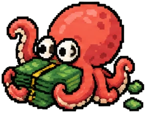 an octopus hugging a stack of green cash