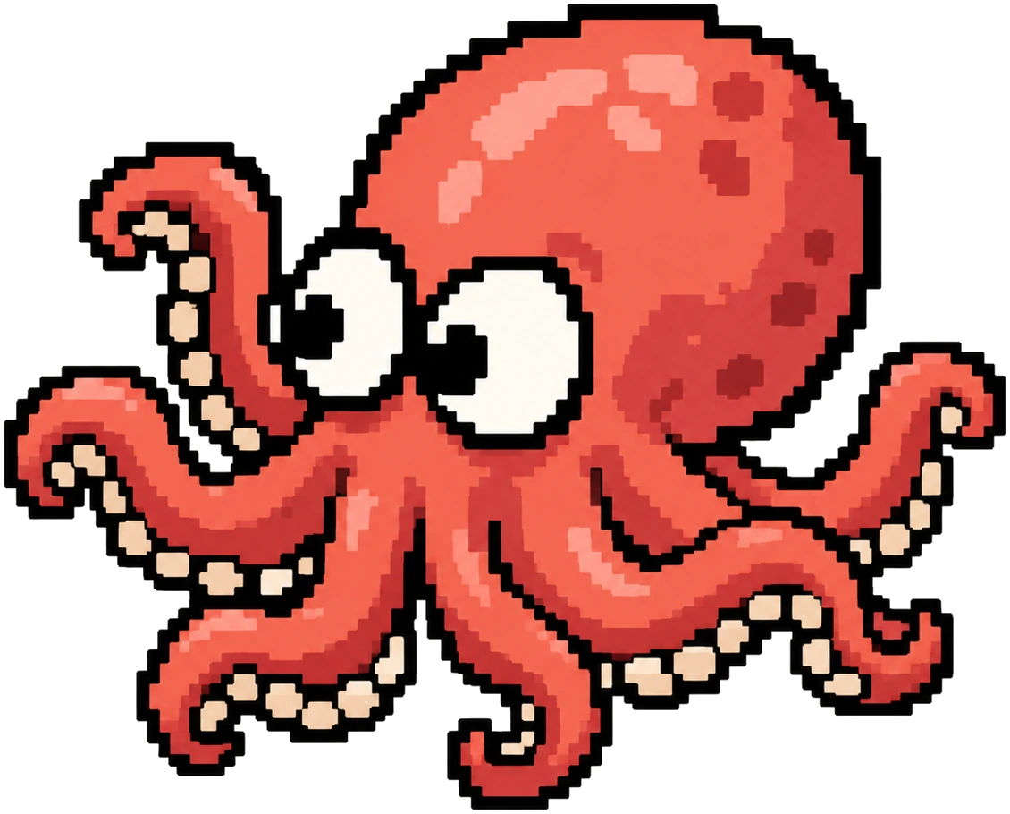 a red octopus with eight arms and the calm face of someone who gets paid eight times